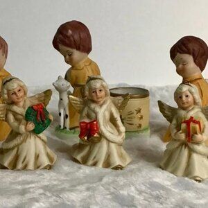 Vtg 1978 Jasco Angel Wishing Bells Fine Bisque Porcelain + Five Porcelain Angels